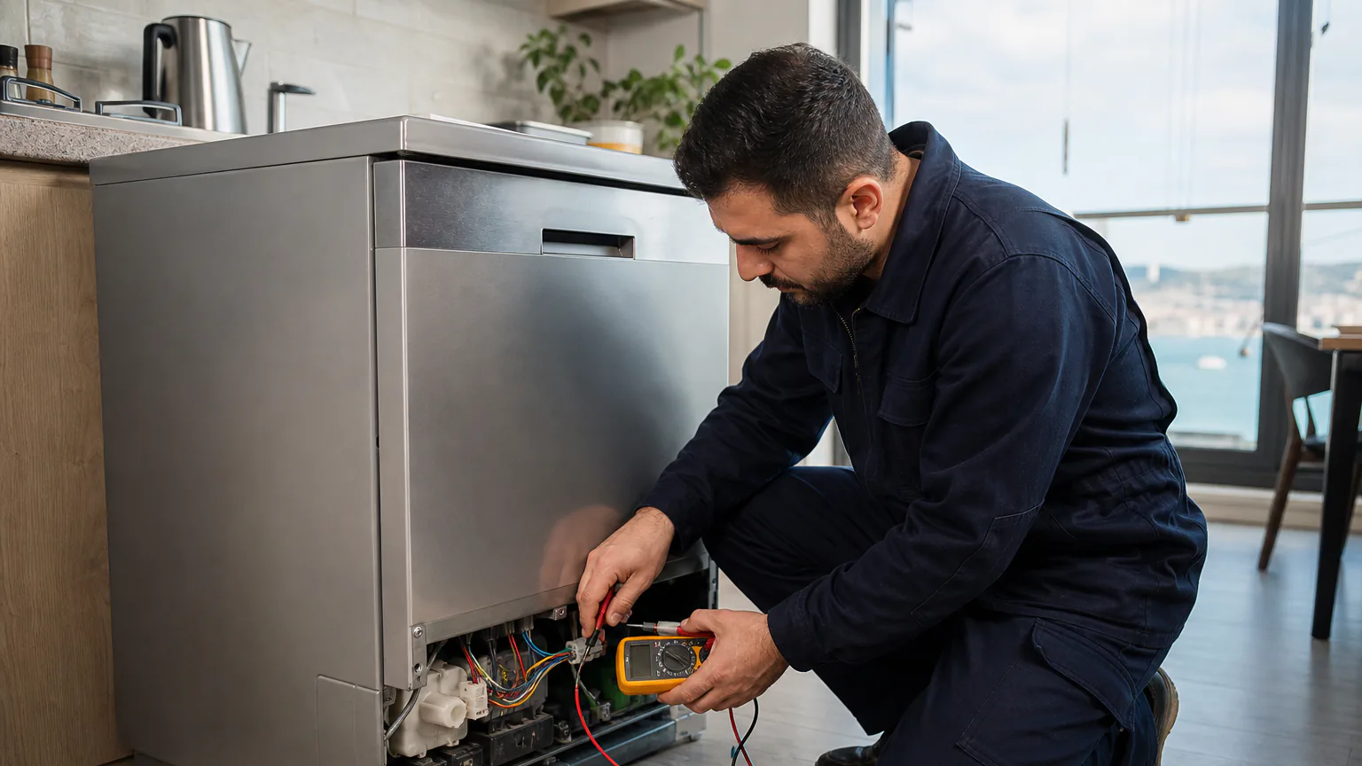 Bulaşık makinesinde ölçüm cihazıyla arıza kontrolü yapan teknik servis uzmanı