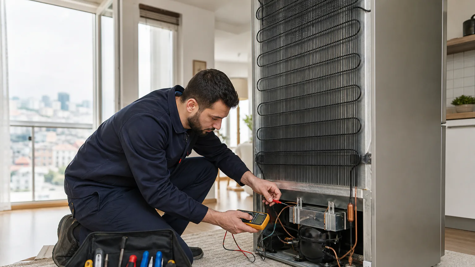 Buzdolabında ölçüm yaparak arıza kontrolü gerçekleştiren teknik servis uzmanı