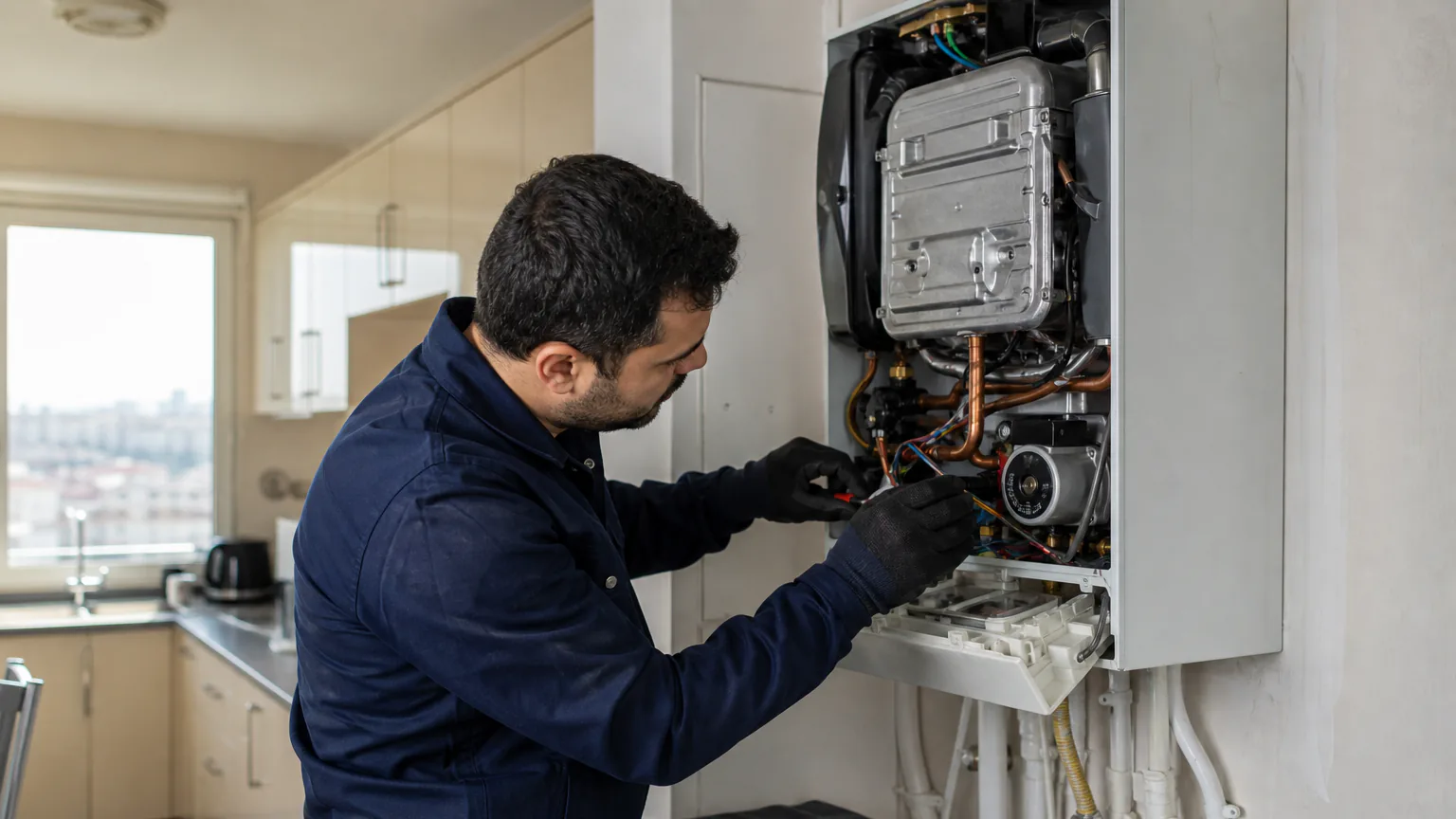 Açık kombinin iç bileşenlerini kontrol eden teknik servis uzmanı